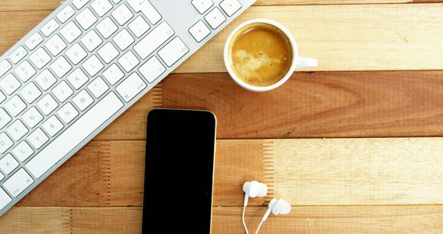 Office Workspace with Keyboard, Smartphone, Headphones, and Coffee - Download Free Stock Images Pikwizard.com