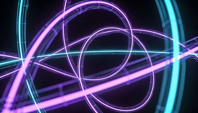 Neon tubular loops weaving through space futuristic abstract glowing rings background