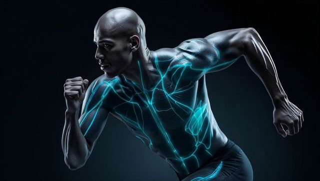 Bald muscular athlete running with neon cyan anatomy overlay, dynamic sprint motion
