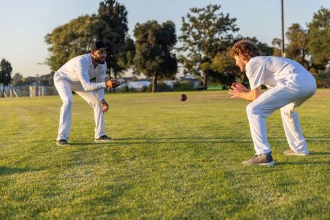 Cricket fielding practice: two male players catching ball midair on green outfield
