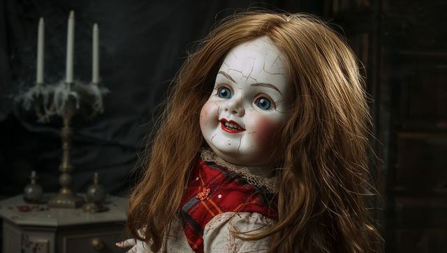 Cracked porcelain doll in eerie vintage setting