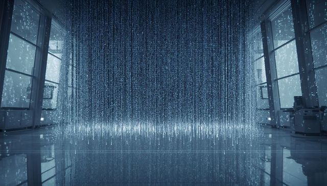 Futuristic LED Data Curtain Streaming in Minimal Gallery with Reflective Polished Floor