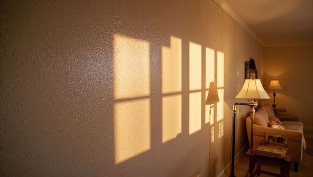 Golden Window Light Casting Grid Shadows Across Textured Beige Wall beside Sofa and Lamps
