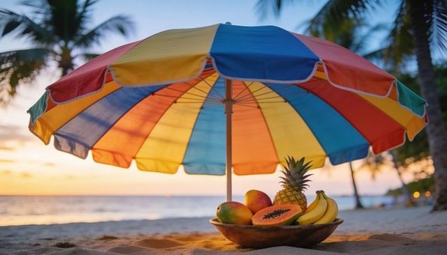 Colorful beach umbrella sheltering tropical fruit bowl on sandy shore at golden sunset