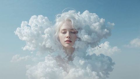 Ethereal female face blends into clouds in surreal sky