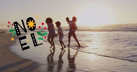 Family Bonding at Sunset Beach with Festive Noel Graphic