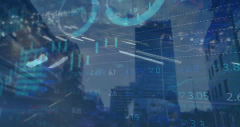Digital Stock Market Data Overlaying Urban Skyline at Night