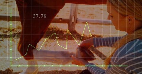 Woman cleaning horse hoof in rural corral graph overlay