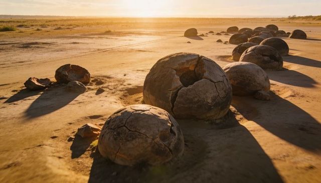 Sunlit spherical concretions on saltpan casting long shadows at sunset