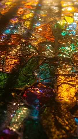 Vertical macro clip panning upward across iridescent glass mosaic revealing glossy resin fragments