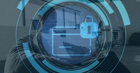 Women collaborating on laptop with folder padlock HUD symbolizing cybersecurity and encryption