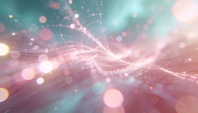 Flowing luminous particle wave with pastel bokeh and ethereal glow