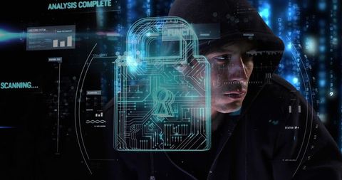 Hacker in Hoodie Analyzing Cybersecurity Interface with digital lock - Download Free Stock Images Pikwizard.com
