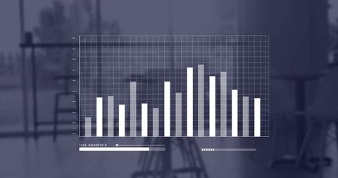 Transparent digital bar chart overlay over blurred office background for business analytics