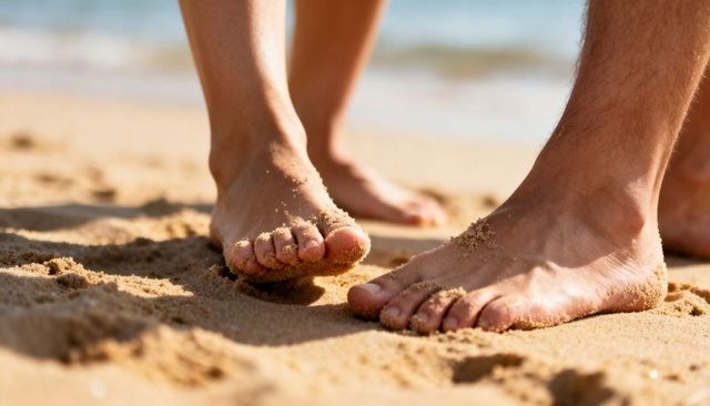 Couple's bare feet standing on sandy beach, closeup of sand-covered toes and footprints