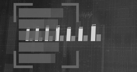 Monochrome Dashboard Displaying Bar Chart with Value Labels and UI Panels