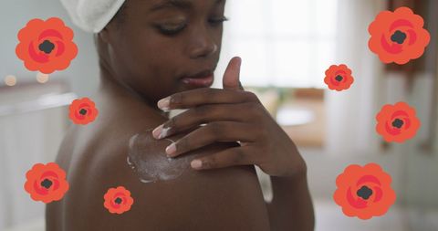 african american woman applying body lotion with floral overlay - Download Free Stock Images Pikwizard.com