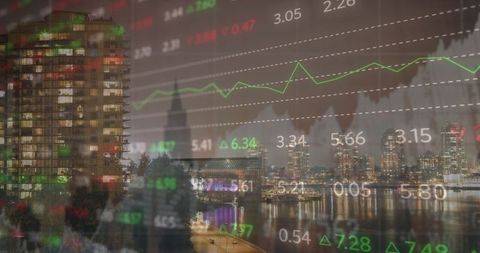 Nighttime Cityscape with Digital Stock Market Ticker Overlay