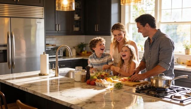 Family cooking together in modern kitchen preparing healthy salad, laughing and chopping