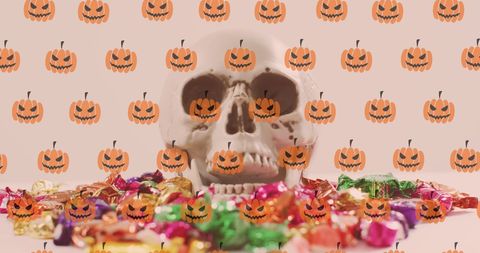 Skull with Halloween Candy and Pumpkin Decorations