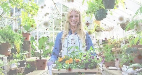 Smiling gardener holding wooden crate of colorful seedlings in sunlit greenhouse