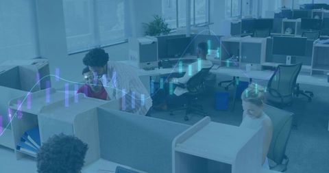 Collaborating team reviewing real-time analytics on office monitors with data overlay