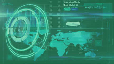 Digital Interface with World Map and Data Processing Animation