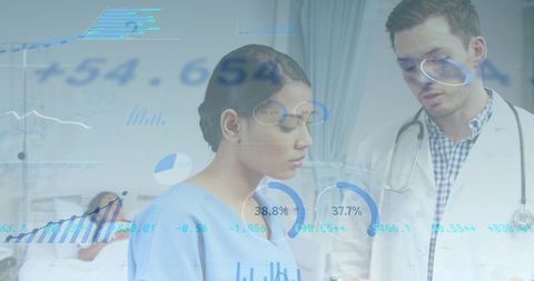 Doctor and Nurse Reviewing Digital Patient Data with Analytics Overlays in Hospital Ward