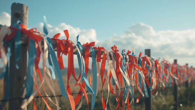 Vibrant ribbons tied on wooden fence in serene countryside