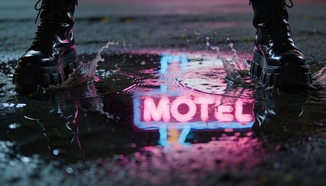 Chunky Black Boots Splashing Neon Motel Reflection in Rainy Urban Street Puddle