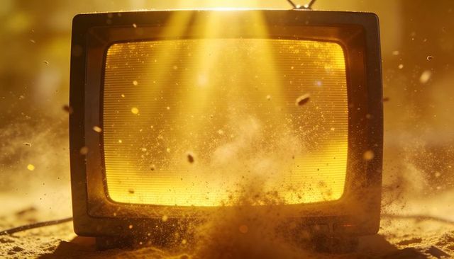 Glowing vintage crt television radiating golden light through dust and scan lines