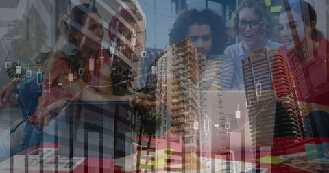 Diverse Team Analyzing Financial Data with Urban Backdrop