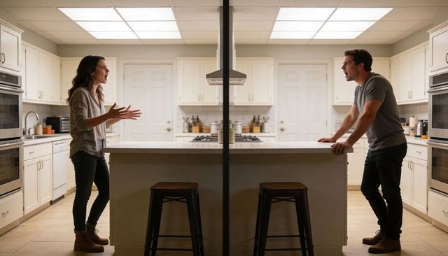 Tense couple arguing across modern kitchen island with central cooktop and bright symmetry