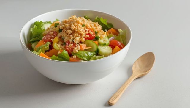 Freshly made salad with crushed nuts on grainy wooden spoon
