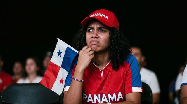 Anxious panamanian fan watching match holding flag wearing red panama jersey and cap