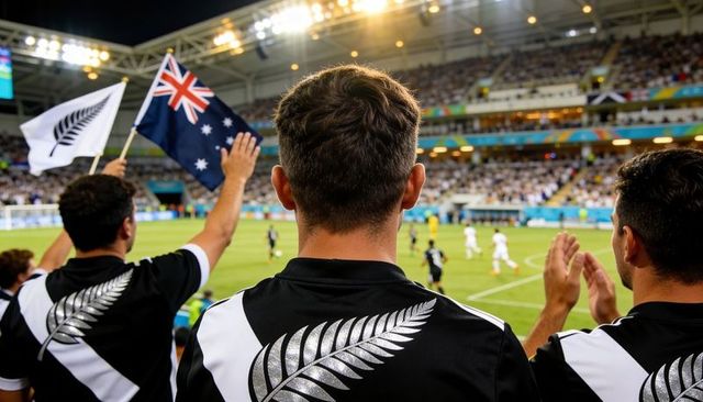 Fans wearing silver fern jerseys cheering at soccer match with new zealand and australian flags
