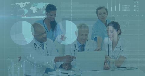 Diverse medical team analyzing data on laptop