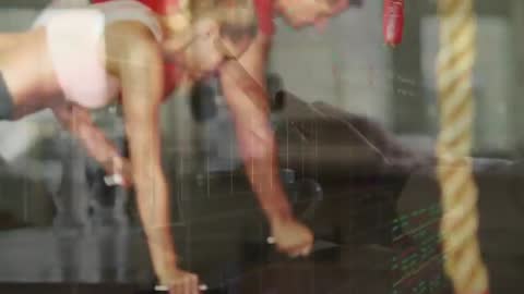 Partners performing synchronized plank rows with dumbbells and rope, fitness data double exposure