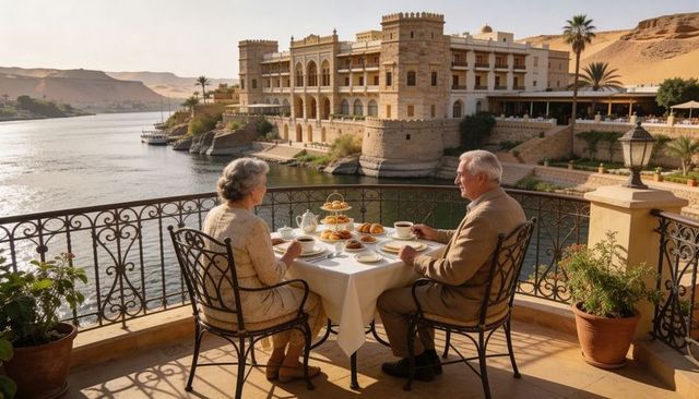 Senior couple enjoying riverside breakfast on luxury desert resort balcony overlooking historic hote
