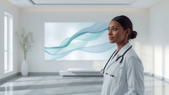 Confident female physician in modern clinic lobby with stethoscope and teal abstract art