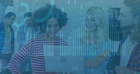 Diverse Team Collaborating with Laptop and Technology Overlay