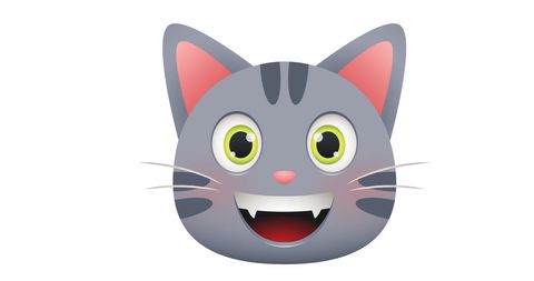 Playful Cartoon Cat Icon with Fangs on White Background