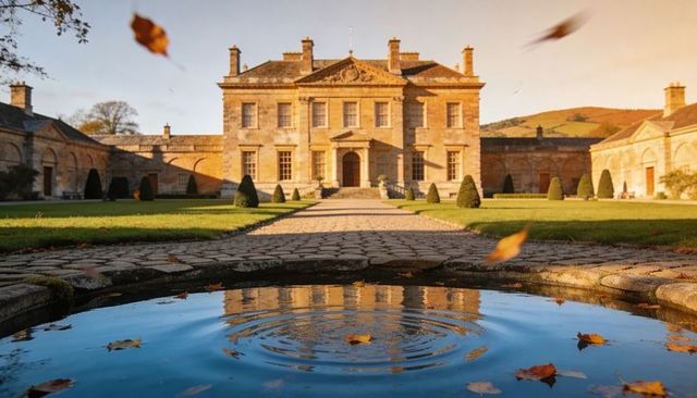 Golden-hour georgian manor reflected in courtyard pool with falling autumn leaves