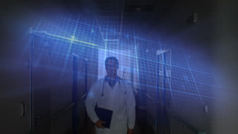Doctor in Corridor with Futuristic Digital Overlay
