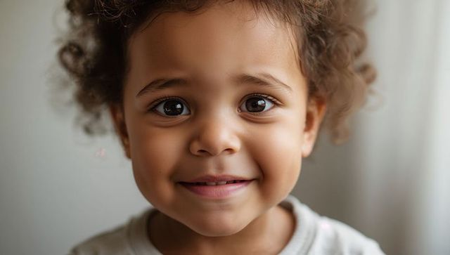 Smiling mixed-race toddler with curly hair looking at camera, warm natural light portrait