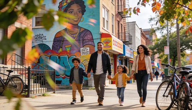 Family walking hand in hand through colorful urban street with mural and autumn leaves