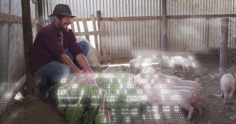 Caretaker feeding piglets with digital technology overlay