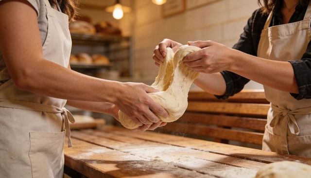 Two bakers stretching elastic dough on floured wooden workbench showing loaves and aprons