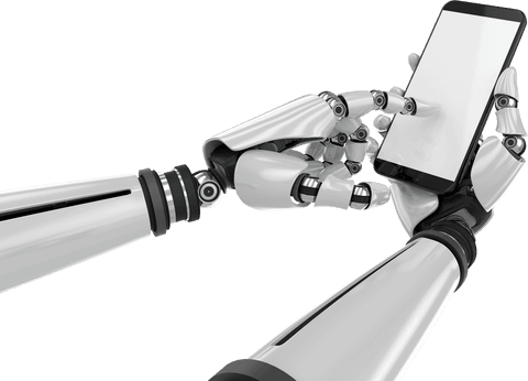 Transparent robotic arms holding smartphone technology illustration