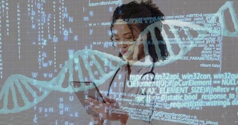 Doctor Analyzing DNA using Smartphone in Futuristic Lab